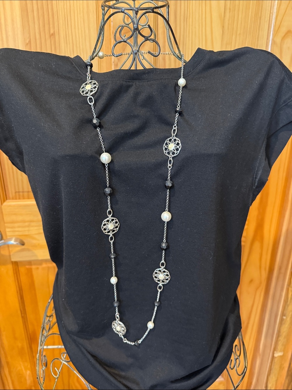 Lia Sophia Black and Silver Long Filigree Station Necklace